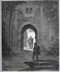 Fången berättelse. Fångens första möte med Zoraide i faderns trädgård, som tar henne tillbaka efter sin sjukdomsfinta från "Don Quixote de la Mancha" av Miguel Cervantes av Gustave Dore