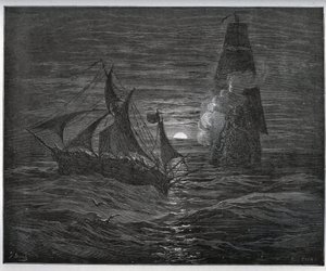 Fången berättelse. Den spanska flyktbåten attackeras av ett franskt skepp från "" Don Quixote de la Mancha"" av Miguel Cervantes (1547-1616) (Don Quijote) - Träsnitt efter teckning av Gustave Dore av Gustave Dore