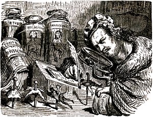 Tecknad serie av Honore de Balzac (1799-1850) av Gustave Dore (1832-1883) för Tales Drolatiques (1855): författaren är croque som en enthomolog som studerar människor som insekter i sitt skåp fyllt med enthomologi- och dissektionsutkast samt burkar med av Gustave Dore