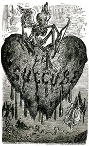 Kapitelhuvudillustration av Gustave Dore för Drolatiska berättelser (1855) av Honore de Balzac (1799-1850): succubusen (vampyren) - skelett, död, hjärta, blod- av Gustave Dore