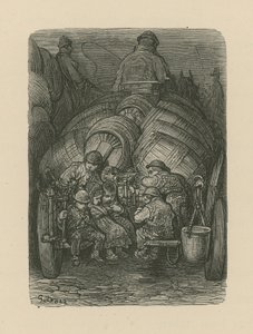 Barn som sitter på baksidan av en bryggerileveransvagn av Gustave Dore