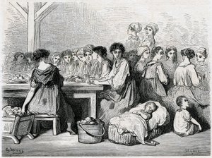 Cigarrer från Sevilla. Tillverkning av cigarrer, arbetare, tobak. Ritning av Gustave Dore som illustrerar "" Voyage en Espagne" av Charles Davillier av Gustave Dore