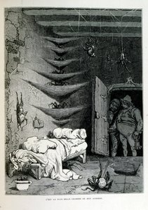 Croque-Mitaine; 1863 illustration, av Gustave Dore (1832 – 1883); Fransk konstnär, grafiker, illustratör. Croque-Mitaine (The bogeyman) en elak karaktär som presenteras för barn för att skrämma dem och på så sätt göra dem klokare. av Gustave Dore