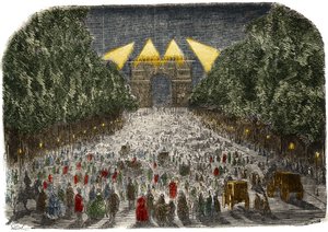 Folkmassa som beundrar den elektriska belysningen av Triumfbågen och Champs Elysees (Champs-Elysees) i Paris den 26 och 27 oktober av Gustave Dore
