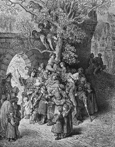 Skara åskådare och åskådare på bröllopet, scen från "The Rime of the Ancient Mariner" av S.T. Coleridge, publicerad av Harper und Brothers, New York, 1876 (trägravyr) av Gustave Dore