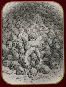 ""Cupid beväpnad med en pistol som sitter på ett berg av dödskallar"" (Amor med en pistol på toppen av ett berg av skalle) Bläck och teckning av Gustave Dore (1832-1883) Privat samling av Gustave Dore