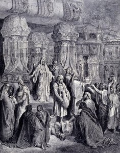 Cyrus II den store (580 f.Kr. - 530 f.Kr.) befriade de fångna folken vid hans ankomst till Babylon 539 f.Kr. och återlämnade till det judiska folket de heliga kärlen som hade tagits som byte i Jerusalems tempel. Gravyr av Gustave Doré. av Gustave Dore