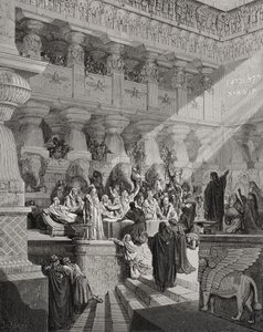 Daniel tolkar skriften på väggen, Daniel 5:25-28, illustration från Dores 