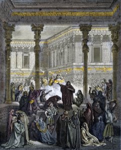 Daniel förvirrar Baals präster - Daniel förvirrar prästerna i Bel - - gravering i "" The Bible illustree"" av Gustave Dore (1832-1883) - Gravyr från "" The Dore Bible"" av Gustave Dore