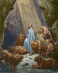 Daniel kastas in i lejonhålan - Daniel i lejonhåla - gravyr av Gustave Dore - senare färgläggning av Gustave Dore