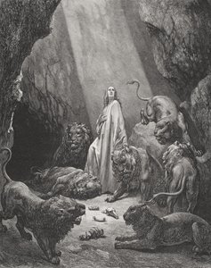 Daniel i lejonens håla, Daniel 6:16-17, illustration från Dores "The Holy Bible", graverad av Piaud, 1866 av Gustave Dore
