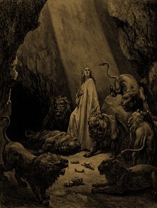 Daniel i lejonhålan, av Doré. - Bibeln av Gustave Dore