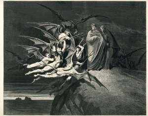 Dante och Vergilius möter demonerna. Gravyr ur Helvetet av Dante Alighieri (Den gudomliga komedin) illustrerad av Gustave Dore. Fransk utgåva från 1861. "... Nessun di voi sia fello! (Låt ingen av er vara upprorisk!)" , chant 21, v. 72. av Gustave Dore