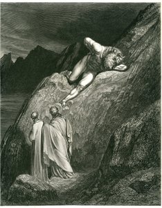 Dante och Vergilius möter Minotaurus. Gravyr ur Helvetet av Dante Alighieri (Den gudomliga komedin) illustrerad av Gustave Dore. Fransk utgåva från 1861. "E in su la punta della rotta lacca/L