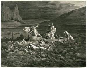 Dante och Vergilius seglar, ledda av Nocher Phlegyas, på Styx där dammar vadar, som försöker klättra upp i båten. Gravyr ur Helvetet av Dante Alighieri (Den gudomliga komedin) illustrerad av Gustave Dore. Fransk utgåva från 1861. "Segando se ne av Gustave Dore