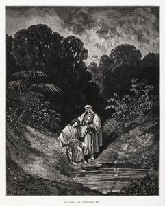 David och Jonathan, hjältefigurer i kungariket Israel, som ingick ett vänskapsförbund som finns nedtecknat i Samuelsböckerna, Illustration från Dore-bibeln av Gustave Dore