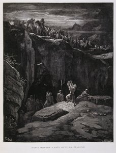 David erbjuder sitt svärd i lojalitet mot Saul, kung av Israel, Illustration från Dore-bibeln av Gustave Dore