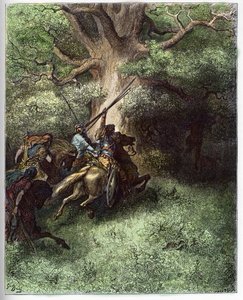 Absaloms död (Avshalom) - Absaloms död (eller Avshalom, Absalon). Efter nederlaget mot sin fars trupper förblev Absalon upphängd av grenarna på ett träd som flydde från slagfältet - graverad i "The Bible illustree" av Gustave Dore (1832) av Gustave Dore