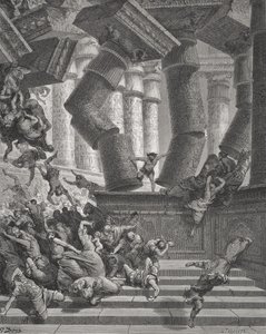 Death of Simson, Domare 26:28-30, illustration från Dores 