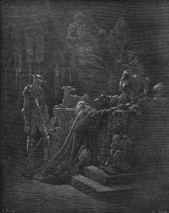 Don Quijote, Montesinos och Durandarte, i Montesinos grotta - från "" Don Quixote de la Mancha"" av Miguel Cervantes (1547-1616) (Don Quijote) - Träsnitt efter teckning av Gustave Dore av Gustave Dore