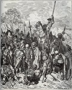Don Quijote och Sancho med skvadronen av de brinnande byborna - från "Don Quijote de la Mancha"" av Miguel Cervantes (1547-1616) (Don Quijote) - Träsnitt efter teckning av Gustave Dore av Gustave Dore