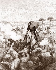 Don Quixot attackerar fårflocken Gravyr av Gustave Dore (1832-1883) för "The Ingenieux Hidalgo Don Quixote de la Mancha (Quixotte - Quijote)" av Miguel de Cervantes (1547-1616) 1863 Privat samling av Gustave Dore