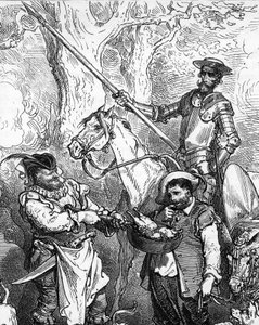 Don Quijote (Quixote eller Qijote), som kastar för hand och rider på sin häst Rossinant, är redo att ge sig ut på äventyr. Hans fidele squiyer, gourmeten Sancho Panza (Panca), tvekar inför en god kötträtt. Detalj av en gravyr av Gustave Dore som illustrera av Gustave Dore