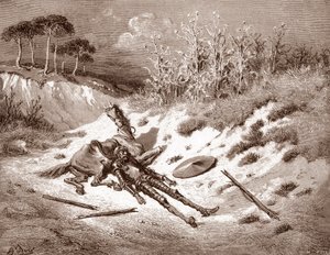 Don Quijote Efter sin misshandel efterlyser Quijote sin idealiska dam Dulcinea del Toboso Gravyr av Gustave Dore (1832-1883) för "The Ingenieux Hidalgo Don Quijote de la Mancha (Quixotte - Quijote)" av Miguel av Cervantes (1547-16316) 1863 Privat samling av Gustave Dore