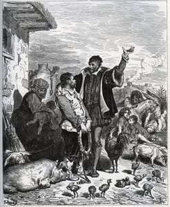 Don Quijote överlåter sin granne Sancho Panza att vara hans ecuyer - från "Don Quixote de la Mancha"" av Miguel Cervantes av Gustave Dore