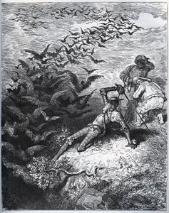 Don Quijote a la cave de Montesinos - Ett oändligt antal kråkor och torn flyger ut ur Montesinos grotta och slår Don Quijote till marken (II, 22) - från "" Don Quixote de la Mancha"" av Miguel Cervantes (1547- 1616) (Don Quijote) - Träsnitt efter teckning av Gustave Dore