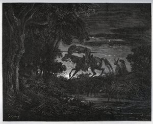Don Quijote och Sancho Panza i början av äventyret i en tjock och okänd skog - från "Don Quixote de la Mancha" av Miguel Cervantes (1547-1616) (Don Quijote) - Träsnitt efter teckning av Gustave Dore av Gustave Dore