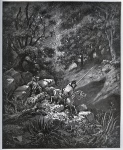 Don Quixote och Sancho Panza fortsätter sin resa i Sierra Morena på jakt efter Deguenille-de-la-Malaise-gruvan - från "Don Quixote de la Mancha" av Miguel Cervantes (1547-1616) (Don Quijote) - Träsnitt efter teckning av Gustave Dore av Gustave Dore