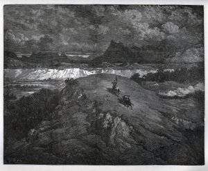Don Quijote och Sancho Panza fortsätter sina äventyr i en bergig region, Sierra Morena - från "Don Quixote de la Mancha" av Miguel Cervantes (1547-1616) (Don Quijote) - Träsnitt efter teckning av Gustave Dore av Gustave Dore
