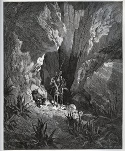 Don Quijote och Sancho Panza hittar saker från en resenär - från "Don Quixote de la Mancha"" av Miguel Cervantes (1547-1616) (Don Quijote) - Träsnitt efter teckning av Gustave Dore av Gustave Dore