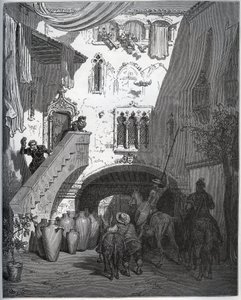 Don Quijote och Sancho Panza, inbjudna av Don Diego de Miranda hemma, välkomnas av gentlemannens hustru och son - från "Don Quixote de la Mancha" av Miguel Cervantes (1547-1616) (Don Quijote) - Träsnitt efter teckning av Gustave Dore av Gustave Dore