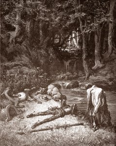 Don Quijote och Sancho Panza fräscha upp dem vid en bäck Gravyr av Gustave Dore (1832-1883) för "L