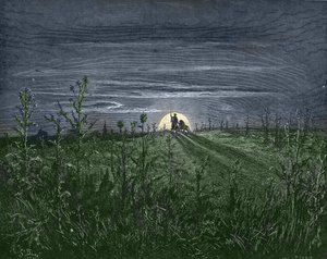 Don Quijote och Sancho, på väg till Toboso - från "" Don Quixote de la Mancha"" av Miguel Cervantes (1547-1616) (Don Quijote) - Träsnitt efter teckning av Gustave Dore (1832-1883) av Gustave Dore