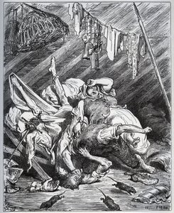 Don Quijote och en mulemakare som slåss för Maritornes, hushållerskan, som Don Quijote tar för sin Dulcinee - från "Don Quixote de la Mancha" av Miguel Cervantes (1547-1616) (Don Quijote) - Träsnitt efter teckning av Gustave Dore av Gustave Dore