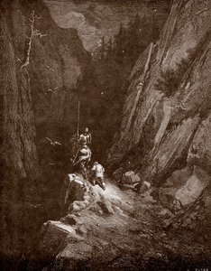 Don Quijote och Sancho Panza i hjärtat av Sierra Morena Gravyr av Gustave Dore (1832-1883) för "Den geniala ädla Don Quijote från La Manche (Quixot - Quijote)" av Miguel de Cervantes (1547-1616) 1863 Privat samling av Gustave Dore