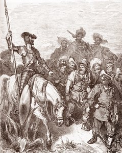 Don Quijote och sancho Panza förhör brottslingarna som leds till galärerna Gravyr av Gustave Dore (1832-1883) för "L