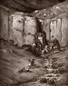 Don Quijote och sancho Panza ser ett vattenfall och bullriga hovels (Don Quixote och sancho Panza ser ett vattenfall och bullriga hovels) Gravyr av Gustave Dore (1832-1883) för "The Ingenieux Hidalgo Don Quixote de la Mancha (Quixotte - Quijote)" av Miguel av Gustave Dore