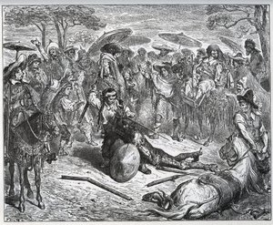 Don Quijote slagen i mitten av en grupp köpmän - Mulemakaren hade smakat på spelet - från "Don Quixote de la Mancha"" av Miguel Cervantes av Gustave Dore