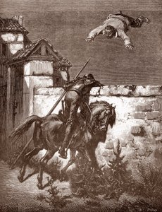 Don Quijote misslyckas med att stoppa uppskjutarna av Sancho Panca som får honom att studsa på en filt (Don Quijotes remonstrationer misslyckas med att påverka kastarna) Gravyr av Gustave Dore (1832-1883) för "L