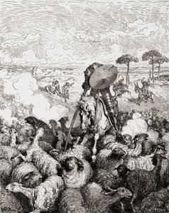 Don Quijote kämpar mot fårhjorden, från Die Gartenlaube, pub. 1905 av Gustave Dore