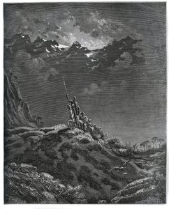Don Quijote åker på uppdrag för Dorothee, ackompanjerad av Sancho Panza, frisör, Dorothee, kur och Cardenio - från "Don Quixote de la Mancha" av Miguel Cervantes (1547-1616) (Don Quijote) - Träsnitt efter teckning av Gustave Dore av Gustave Dore