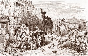 Don Quijote övertalar sin granne Sancho Panza att bli hans godsherre Gravyr av Gustave Dore (1832-1883) för "L