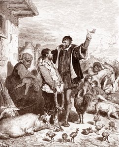 Don Quijote övertalar sin granne Sancho Panza att bli hans godsherre genom att lova att göra honom till guvernör på någon erövrad ö. Gravyr av Gustave Dore (1832-1883) för "L