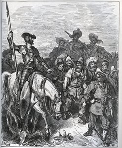 Don Quijote ifrågasätter krafterna om orsakerna till deras övertygelser - från "Don Quijote de la Mancha" av Miguel Cervantes (1547-1616) (Don Quijote) - Träsnitt efter teckning av Gustave Dore av Gustave Dore