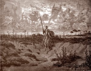 Don Quijote ger sig ut på sina äventyr Gravyr av Gustave Dore (1832-1883) för "L