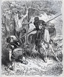 Don Quijote tar parti för den unga betjänten - "Vid solen som enlimar oss, jag vet inte vem som hindrar mig från att föra mitt blad genom kroppen" - från "" Don Quixote de la Mancha"" av Miguel Cervantes (1547- 1616) (Don Quijote) - Träsnitt efter teckning av Gustave Dore
